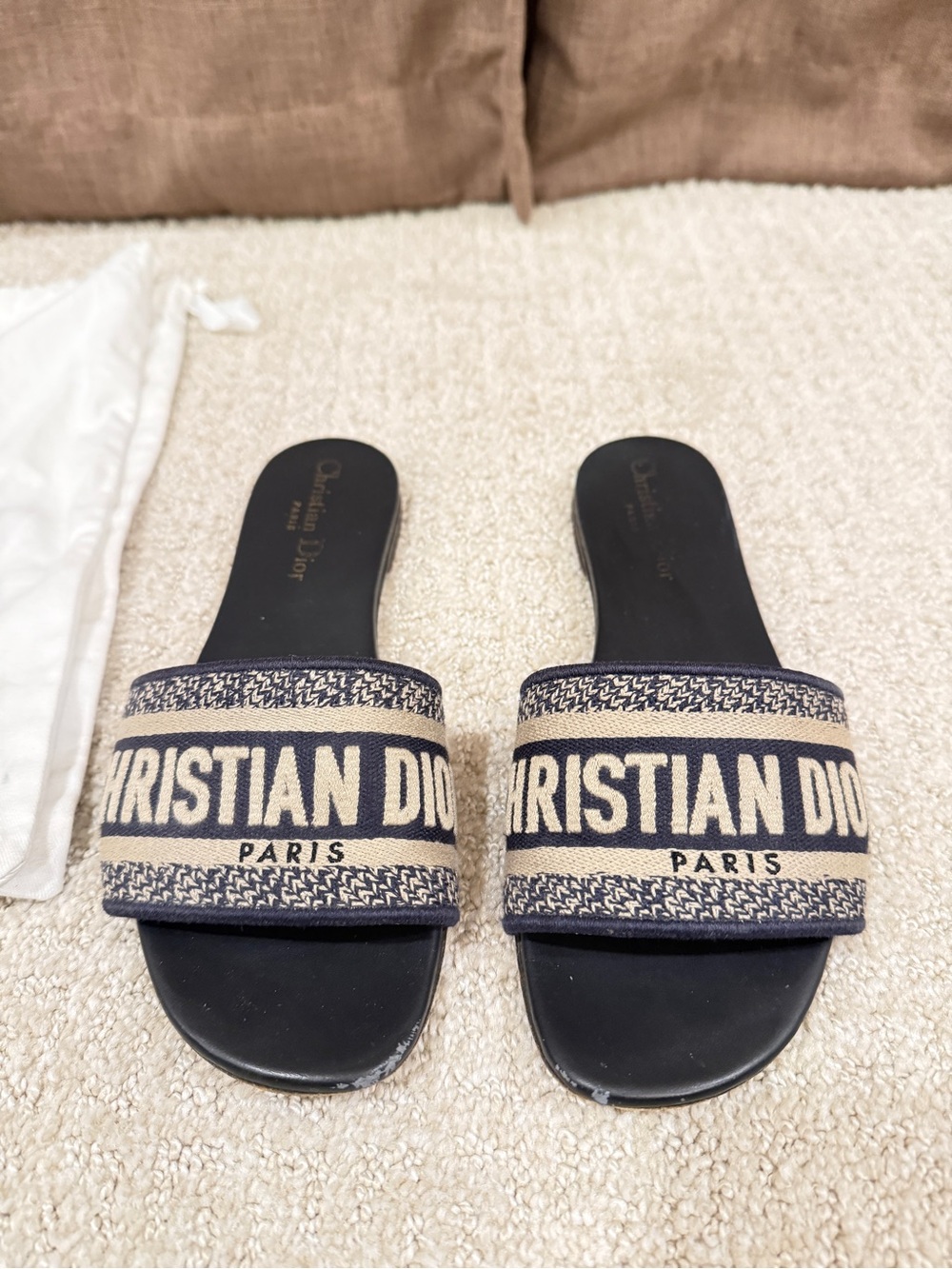 Dior Deep Blue & Beige Embroidered Logo Slide Sandals